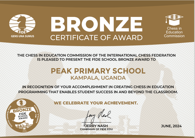 UGANDA’S PEAK PRIMARY SCHOOL UNDER GREAT THINKERS CHESS ACADEMY HAS BEEN HONOURED WITH A PRESTIGIOUS FIDE SCHOOL AWARD